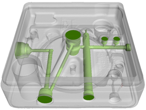 Reconstructed CT image of ventilator component with internal passages (not previously visible from surface) highlighted using 3D visualization tools.