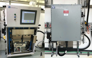 FIG. 4. Process GC monomer analyzer and sample system: (A) process gas chromatograph within the analyzer shelter; and (B) sample conditioning system mounted outside of the shelter, directly opposite the PGC. Samples are ported from the sample system to the analyzer through sample lines housed within a temperature-controlled heated bridge (black flexible tubing).