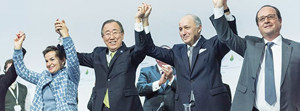 FIG. 1. The Paris Agreement was adopted at the UN Climate Change Conference (referred to as COP21) in Paris, France in 2015. From left to right: Christiana Figueres, Former Executive Director of UNFCCC; Ban Ki-moon, Former Secretary-General; Laurent Fabius, Former Foreign Minister of France and President of the UN Climate Change Conference; François Hollande, Former President of France. Photo courtesy of the United Nations.