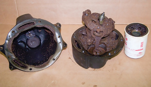Fig. 5. Diesel fuel storage tank pump/meter assembly and island filter with fuel corrosion.