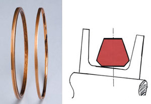 FIG. 4. Seriously abraded oil ring (second from left) and a questionable “coffin cross-section” redesign (right) offered by a pump manufacturer.